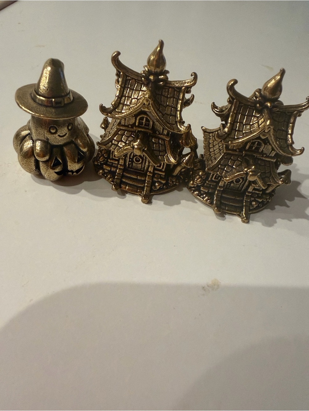 Set of 3 Vintage Brass Figurines Witch Ghost with Hat Mushroom House Mini Castle